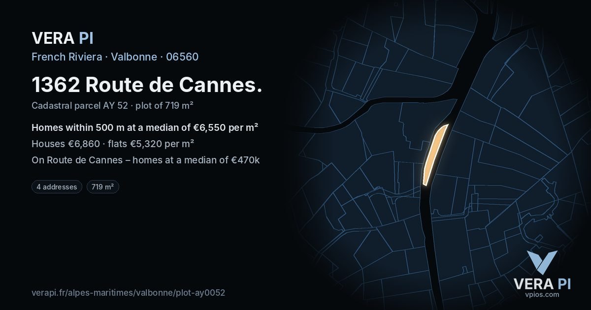 1362 Route de Cannes, Valbonne at night – the plot lit, the parcels around coloured by the prices near them