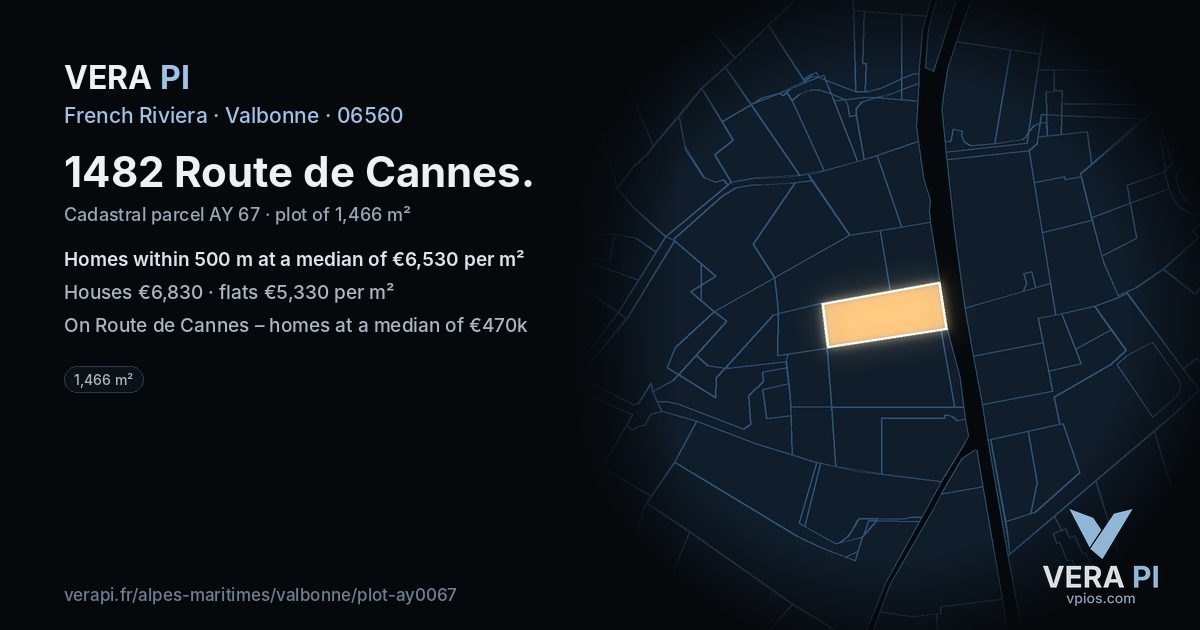 1482 Route de Cannes, Valbonne at night – the plot lit, the parcels around coloured by the prices near them