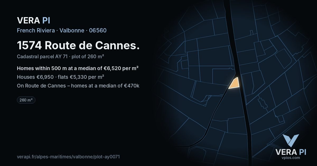 1574 Route de Cannes, Valbonne at night – the plot lit, the parcels around coloured by the prices near them