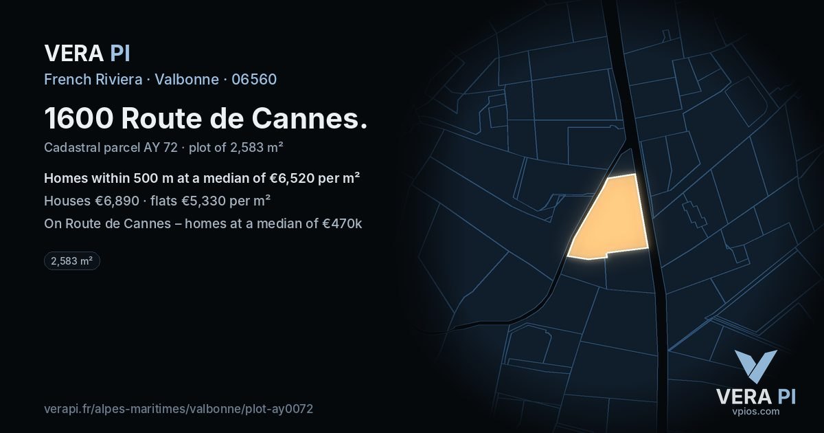 1600 Route de Cannes, Valbonne at night – the plot lit, the parcels around coloured by the prices near them