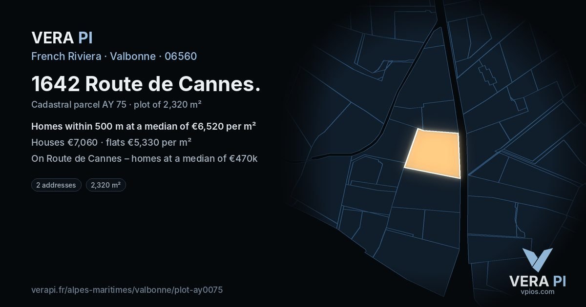 1642 Route de Cannes, Valbonne at night – the plot lit, the parcels around coloured by the prices near them