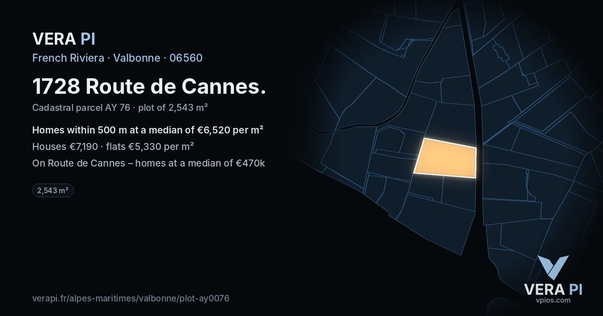 1728 Route de Cannes, Valbonne at night – the plot lit, the parcels around coloured by the prices near them