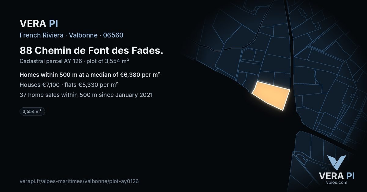 88 Chemin de Font des Fades, Valbonne at night – the plot lit, the parcels around coloured by the prices near them