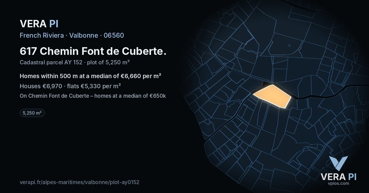 617 Chemin Font de Cuberte, Valbonne at night – the plot lit, the parcels around coloured by the prices near them