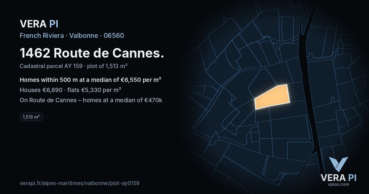 1462 Route de Cannes, Valbonne at night – the plot lit, the parcels around coloured by the prices near them