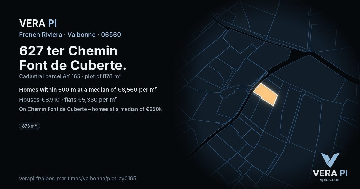 627 ter Chemin Font de Cuberte, Valbonne at night – the plot lit, the parcels around coloured by the prices near them