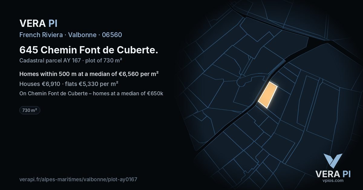 645 Chemin Font de Cuberte, Valbonne at night – the plot lit, the parcels around coloured by the prices near them