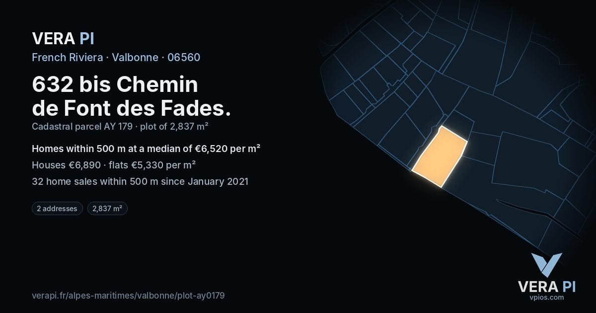 632 bis Chemin de Font des Fades, Valbonne at night – the plot lit, the parcels around coloured by the prices near them