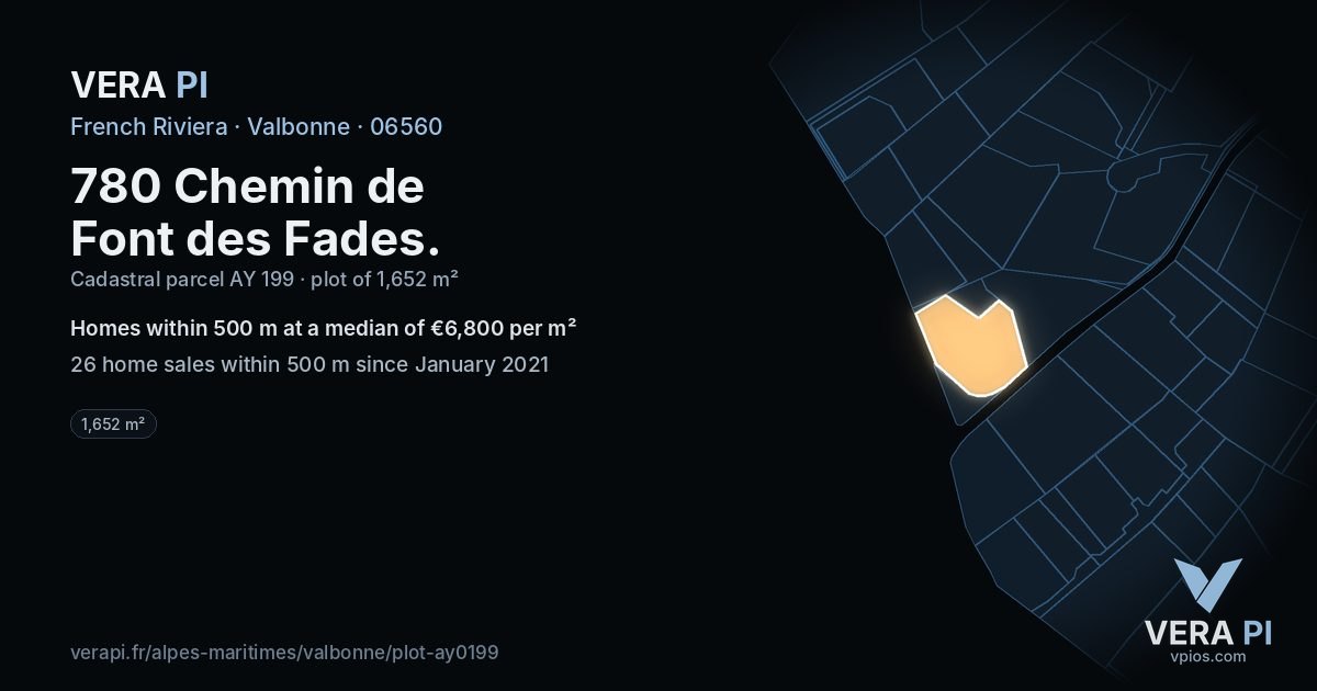780 Chemin de Font des Fades, Valbonne at night – the plot lit, the parcels around coloured by the prices near them