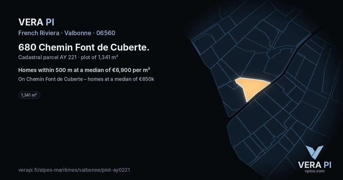 680 Chemin Font de Cuberte, Valbonne at night – the plot lit, the parcels around coloured by the prices near them