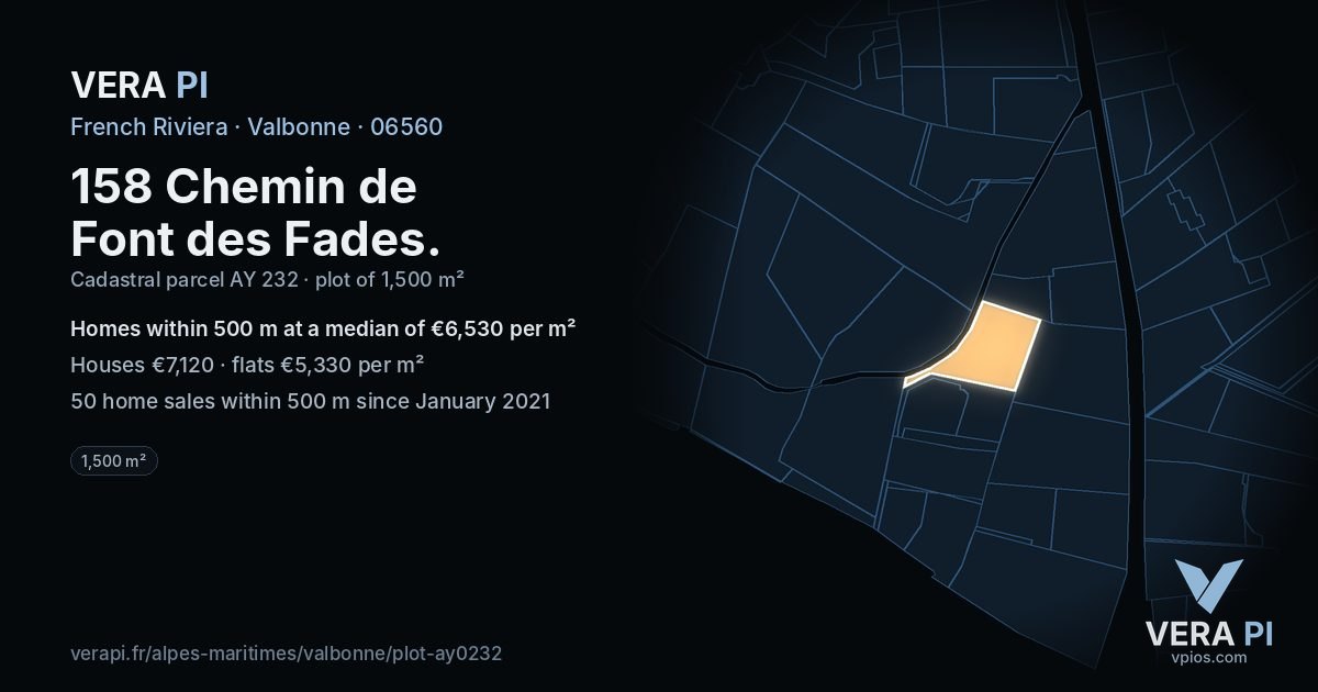 158 Chemin de Font des Fades, Valbonne at night – the plot lit, the parcels around coloured by the prices near them