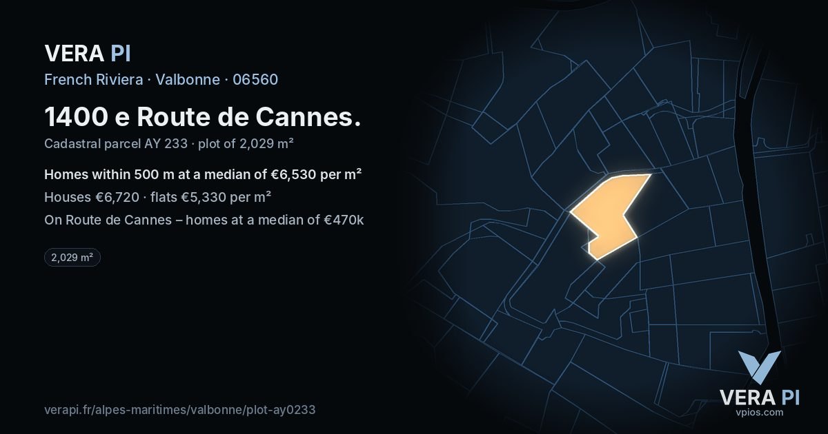 1400 e Route de Cannes, Valbonne at night – the plot lit, the parcels around coloured by the prices near them