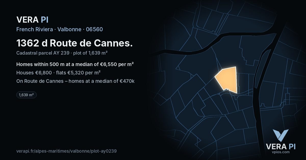 1362 d Route de Cannes, Valbonne at night – the plot lit, the parcels around coloured by the prices near them