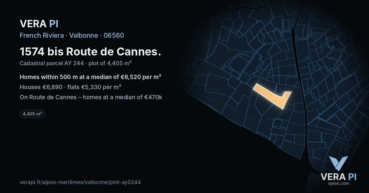 1574 bis Route de Cannes, Valbonne at night – the plot lit, the parcels around coloured by the prices near them