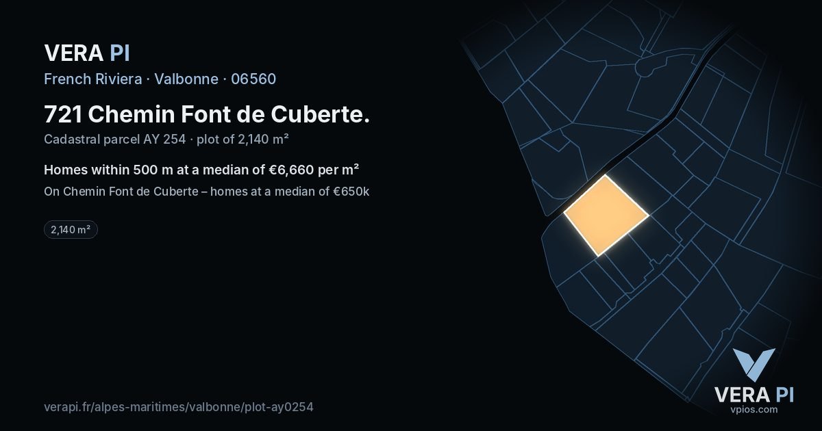721 Chemin Font de Cuberte, Valbonne at night – the plot lit, the parcels around coloured by the prices near them