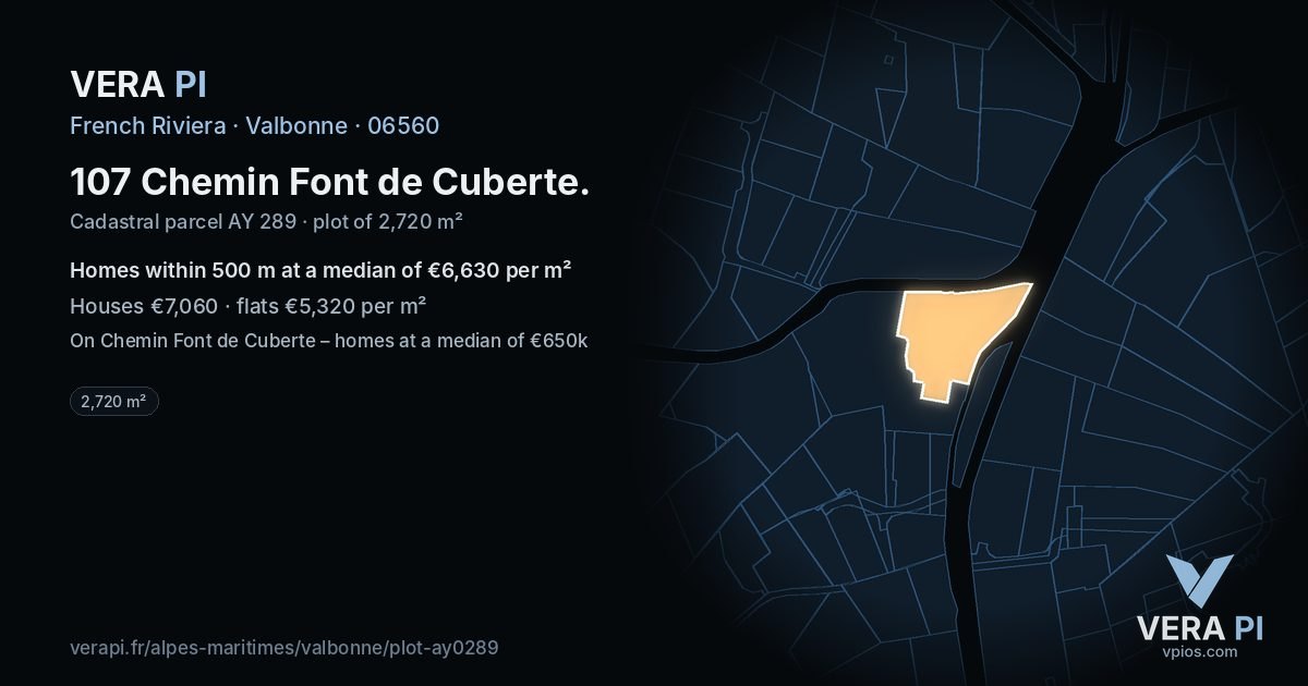 107 Chemin Font de Cuberte, Valbonne at night – the plot lit, the parcels around coloured by the prices near them