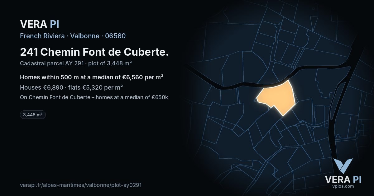 241 Chemin Font de Cuberte, Valbonne at night – the plot lit, the parcels around coloured by the prices near them