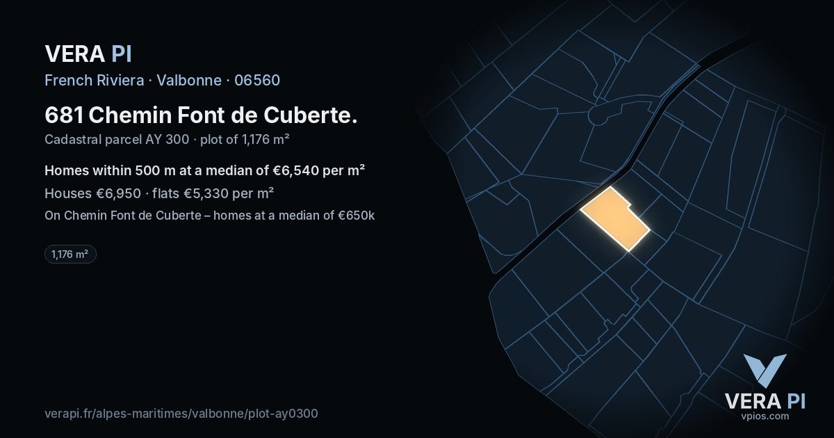 681 Chemin Font de Cuberte, Valbonne at night – the plot lit, the parcels around coloured by the prices near them