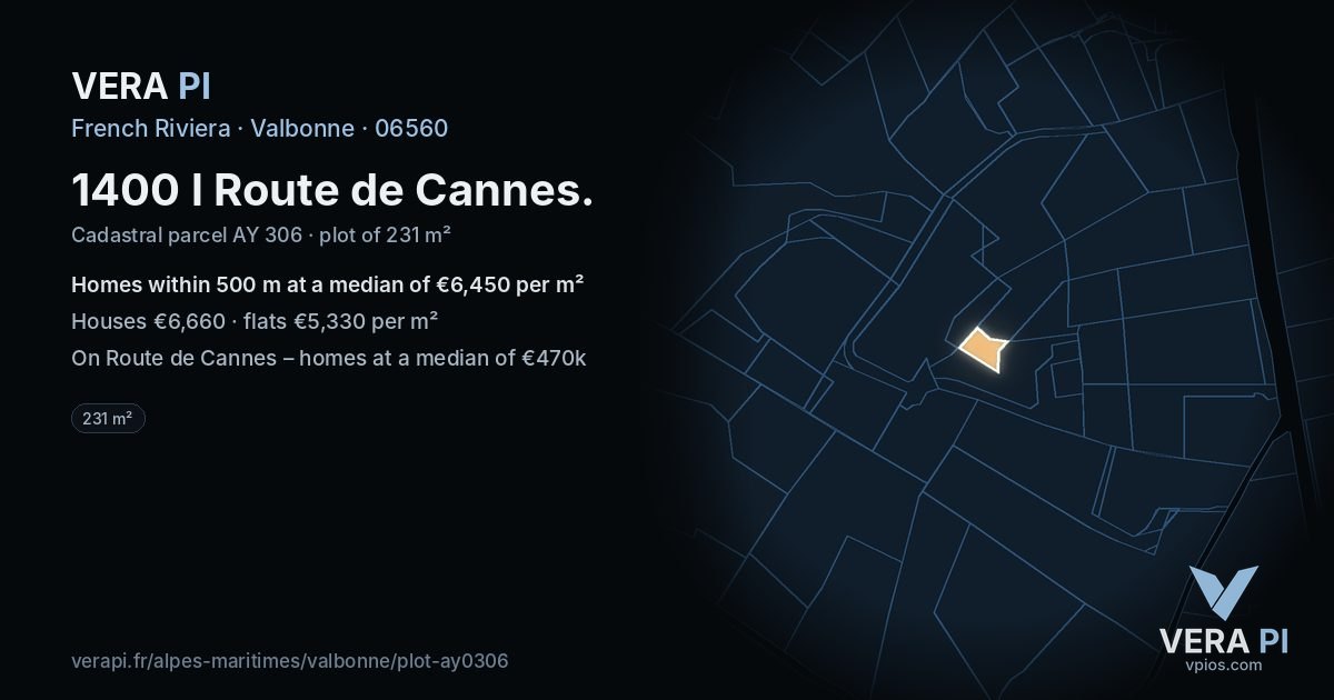 1400 l Route de Cannes, Valbonne at night – the plot lit, the parcels around coloured by the prices near them