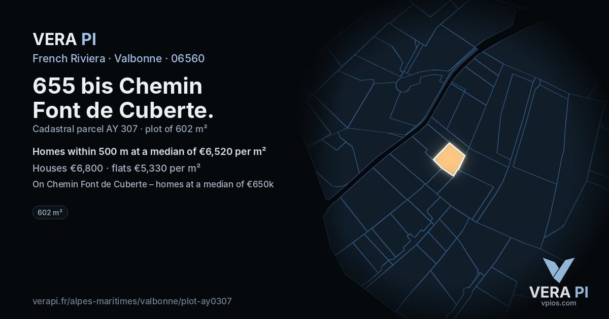 655 bis Chemin Font de Cuberte, Valbonne at night – the plot lit, the parcels around coloured by the prices near them