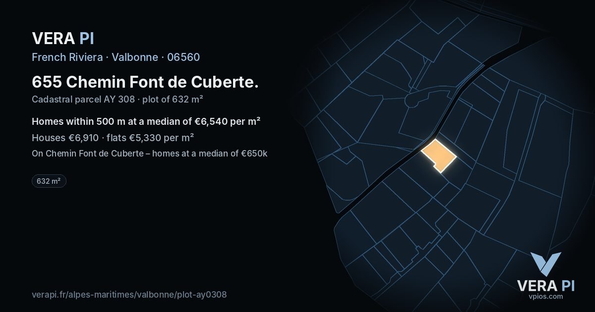 655 Chemin Font de Cuberte, Valbonne at night – the plot lit, the parcels around coloured by the prices near them
