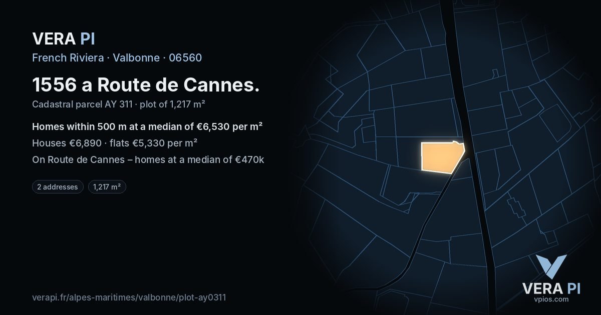 1556 a Route de Cannes, Valbonne at night – the plot lit, the parcels around coloured by the prices near them