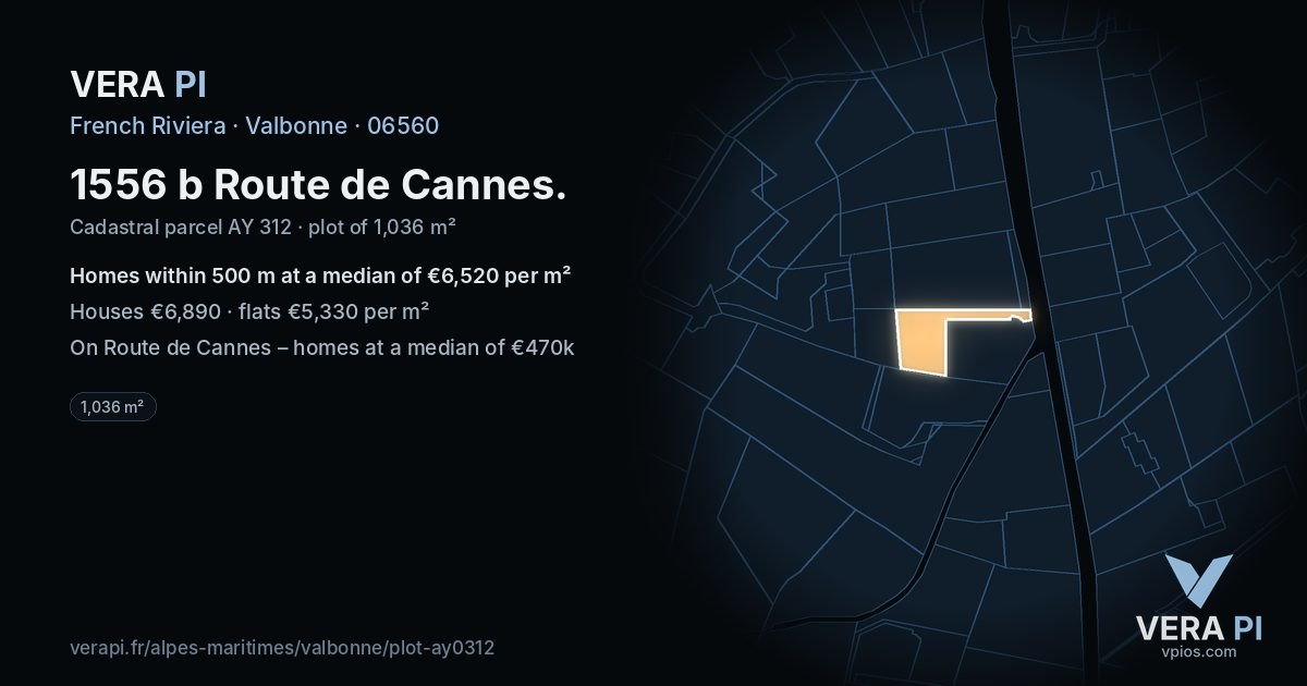 1556 b Route de Cannes, Valbonne at night – the plot lit, the parcels around coloured by the prices near them