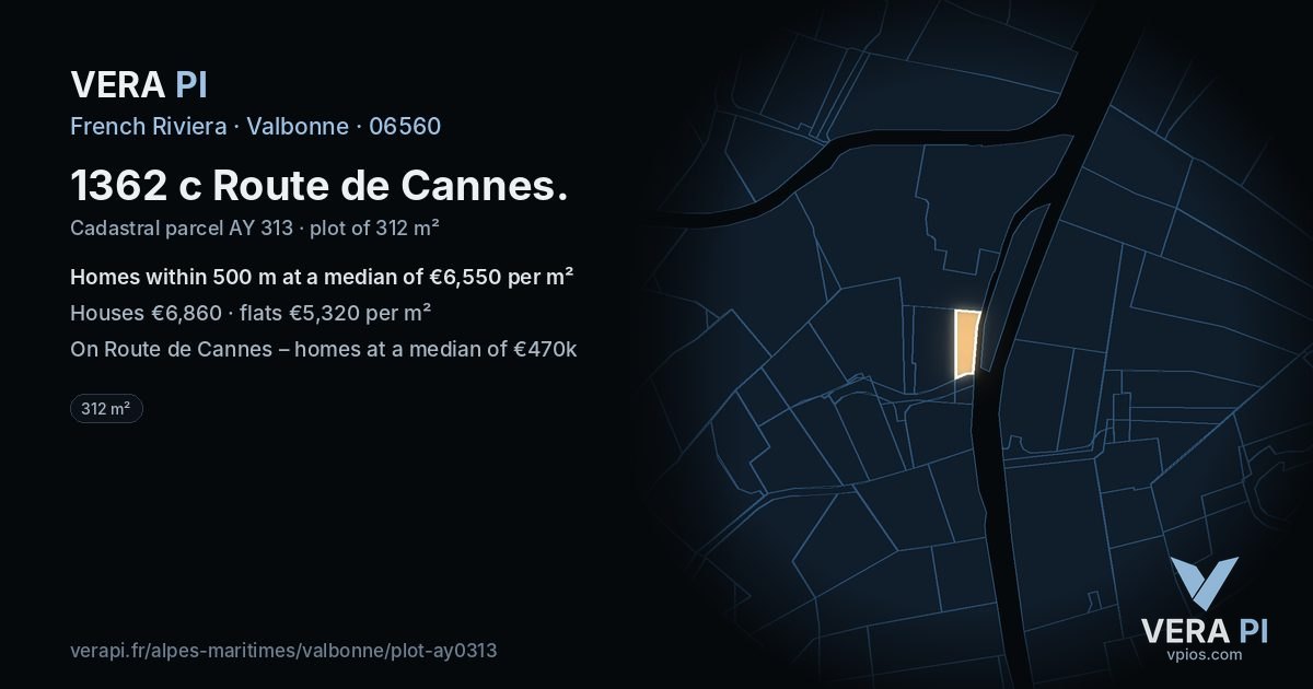 1362 c Route de Cannes, Valbonne at night – the plot lit, the parcels around coloured by the prices near them