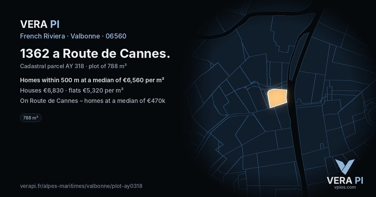 1362 a Route de Cannes, Valbonne at night – the plot lit, the parcels around coloured by the prices near them