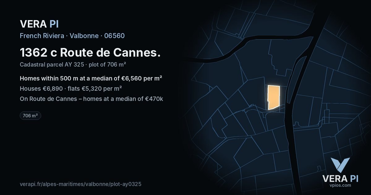 1362 c Route de Cannes, Valbonne at night – the plot lit, the parcels around coloured by the prices near them