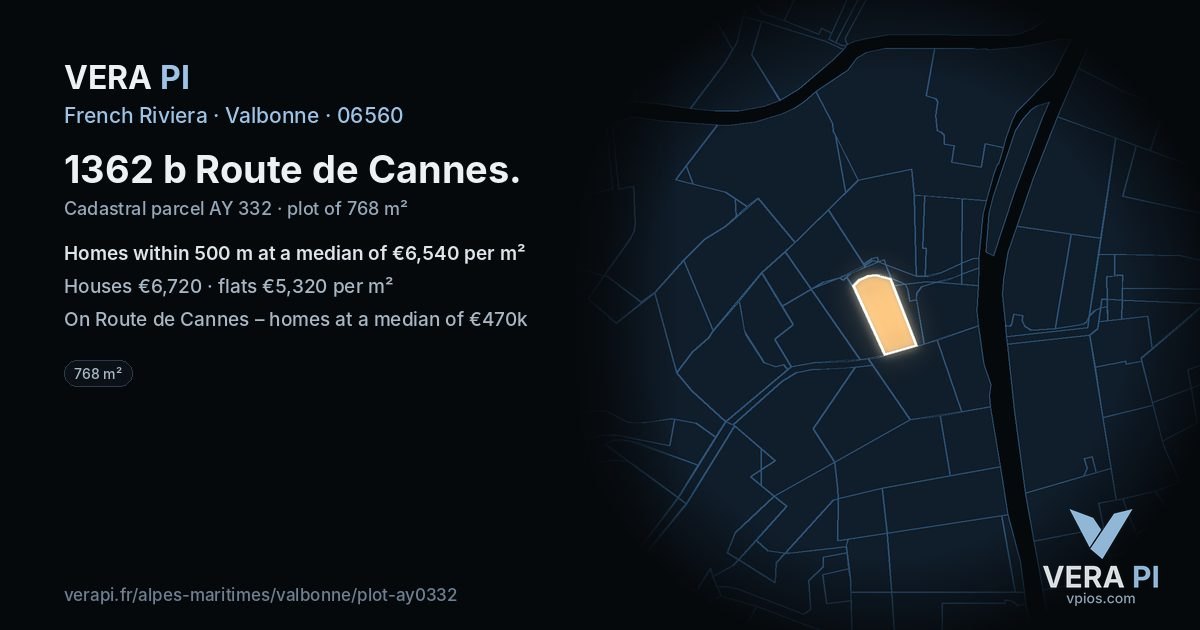 1362 b Route de Cannes, Valbonne at night – the plot lit, the parcels around coloured by the prices near them