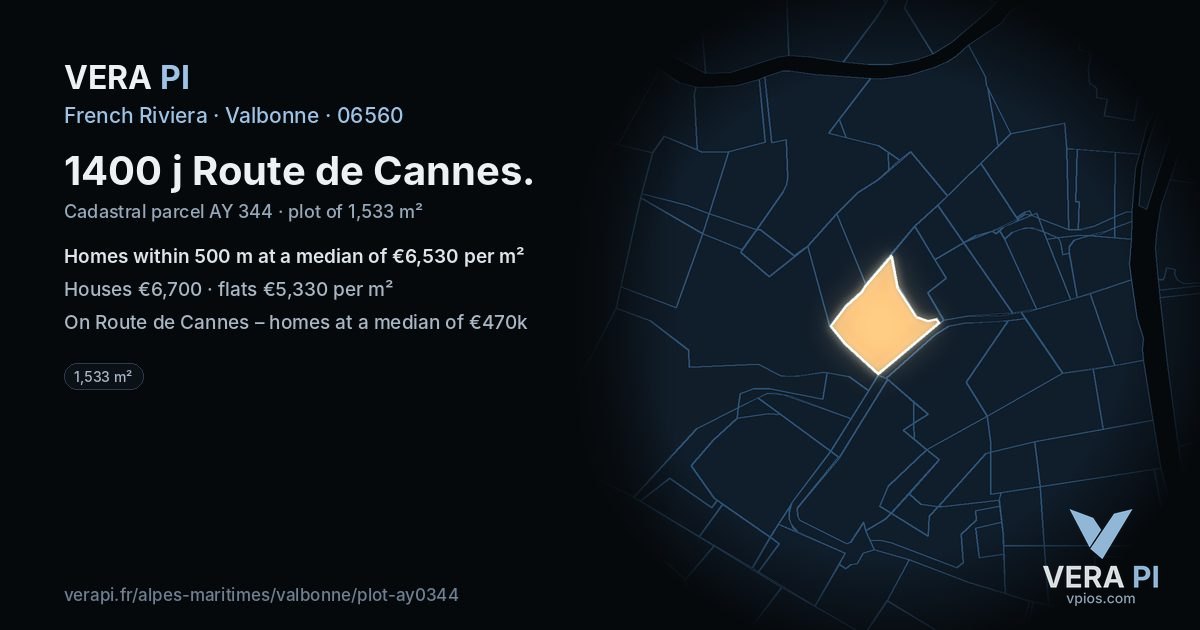 1400 j Route de Cannes, Valbonne at night – the plot lit, the parcels around coloured by the prices near them