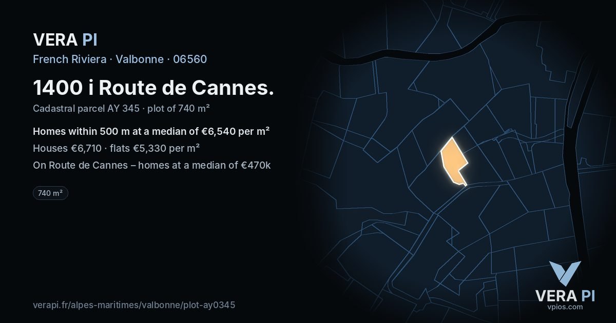 1400 i Route de Cannes, Valbonne at night – the plot lit, the parcels around coloured by the prices near them