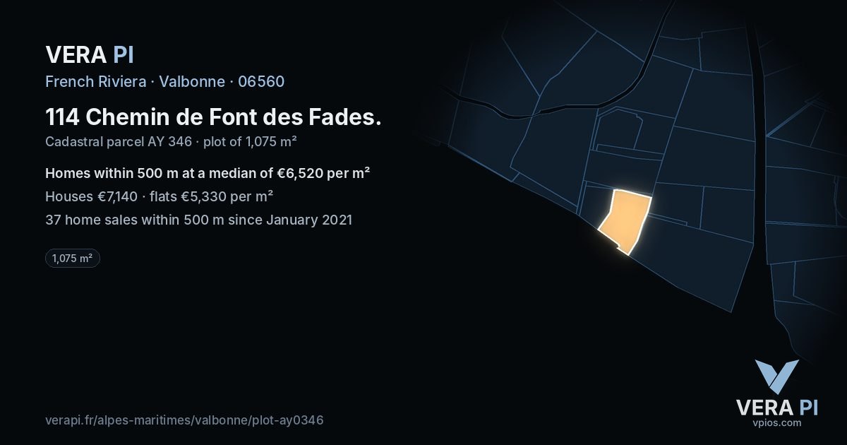 114 Chemin de Font des Fades, Valbonne at night – the plot lit, the parcels around coloured by the prices near them
