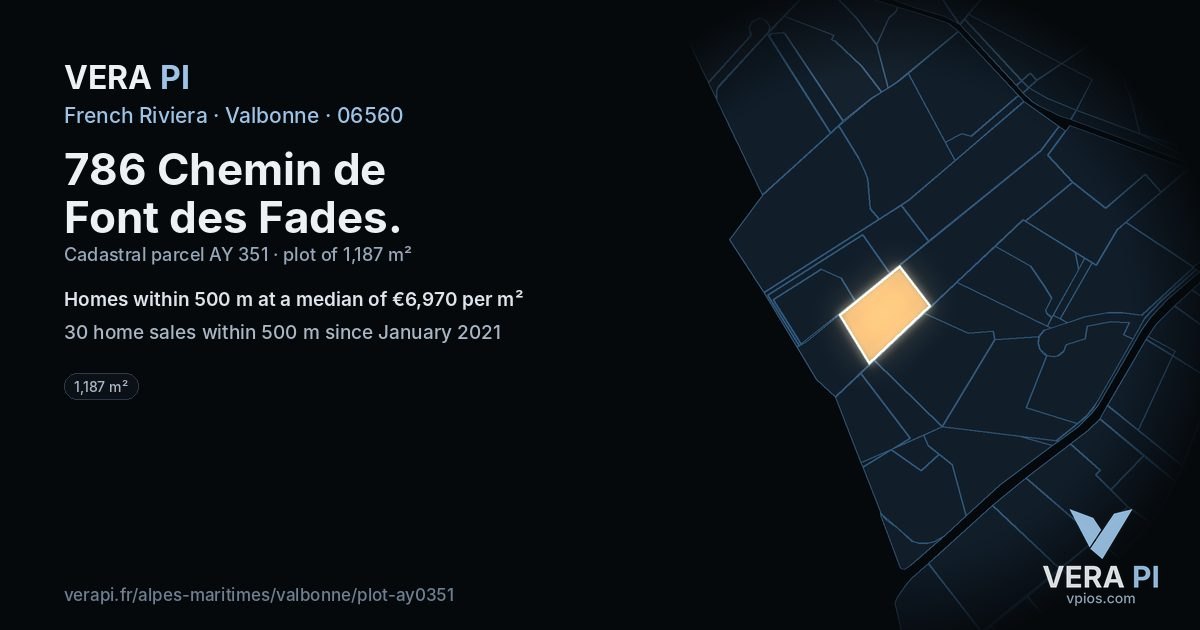 786 Chemin de Font des Fades, Valbonne at night – the plot lit, the parcels around coloured by the prices near them