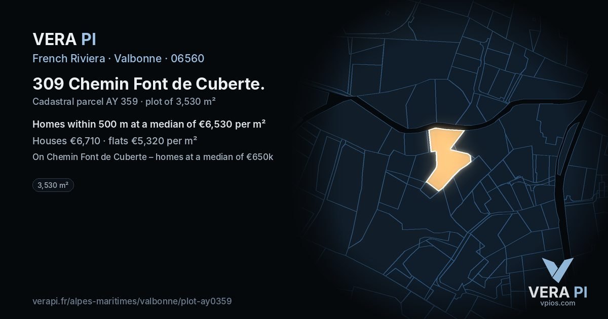 309 Chemin Font de Cuberte, Valbonne at night – the plot lit, the parcels around coloured by the prices near them