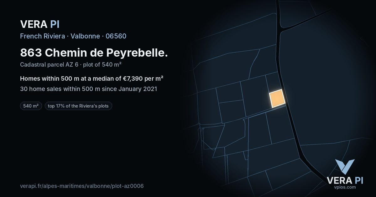 863 Chemin de Peyrebelle, Valbonne at night – the plot lit, the parcels around coloured by the prices near them