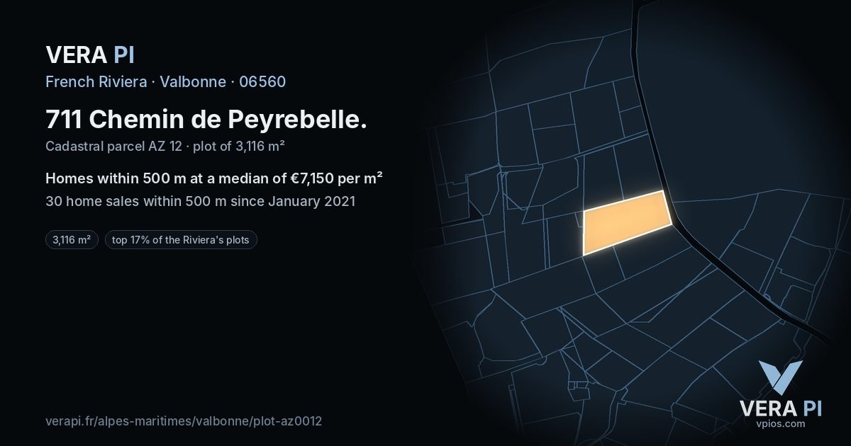 711 Chemin de Peyrebelle, Valbonne at night – the plot lit, the parcels around coloured by the prices near them