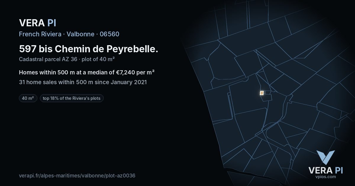 597 bis Chemin de Peyrebelle, Valbonne at night – the plot lit, the parcels around coloured by the prices near them