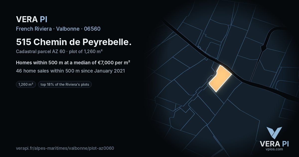 515 Chemin de Peyrebelle, Valbonne at night – the plot lit, the parcels around coloured by the prices near them
