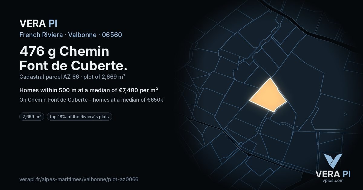 476 g Chemin Font de Cuberte, Valbonne at night – the plot lit, the parcels around coloured by the prices near them