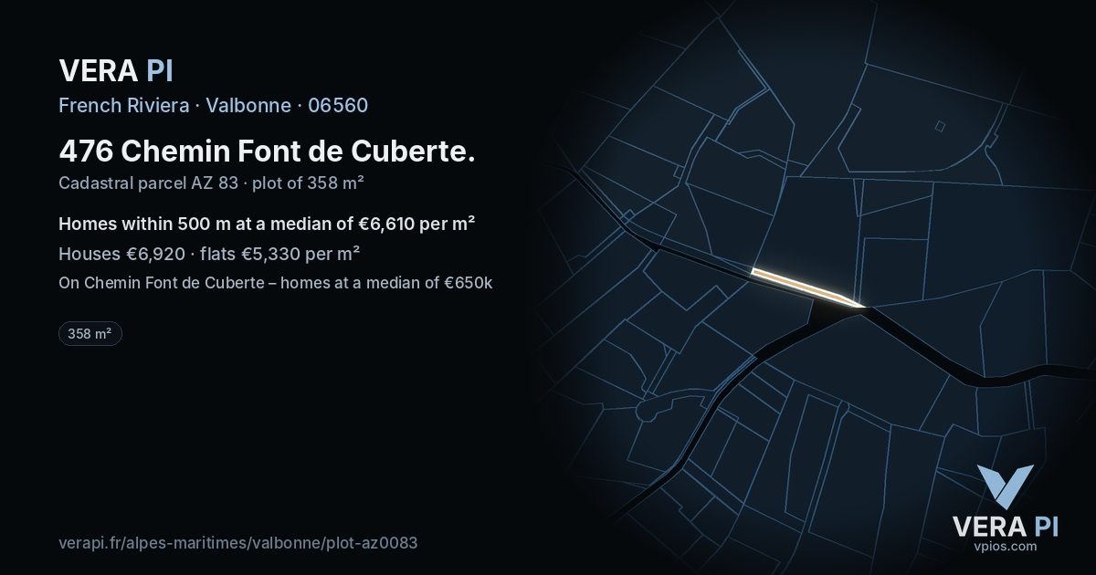 476 Chemin Font de Cuberte, Valbonne at night – the plot lit, the parcels around coloured by the prices near them