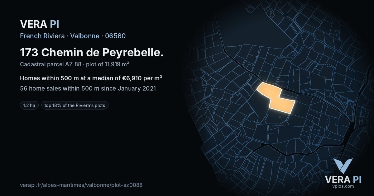 173 Chemin de Peyrebelle, Valbonne at night – the plot lit, the parcels around coloured by the prices near them