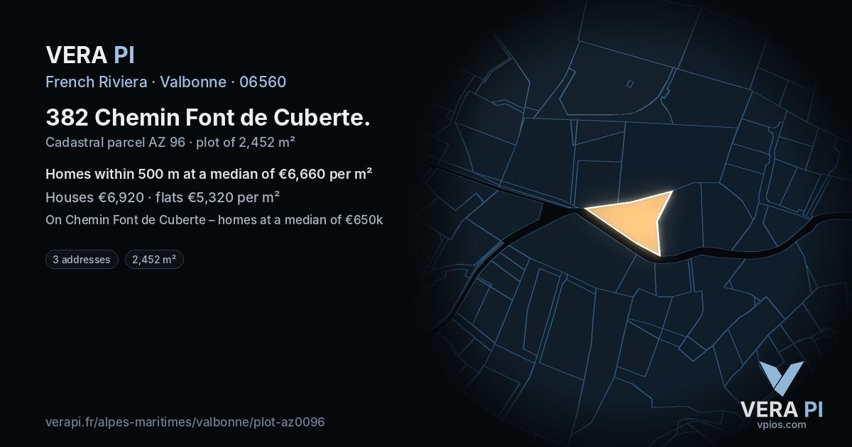 382 Chemin Font de Cuberte, Valbonne at night – the plot lit, the parcels around coloured by the prices near them