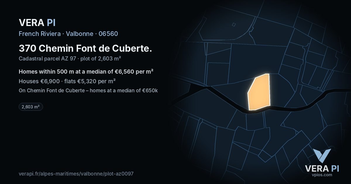 370 Chemin Font de Cuberte, Valbonne at night – the plot lit, the parcels around coloured by the prices near them