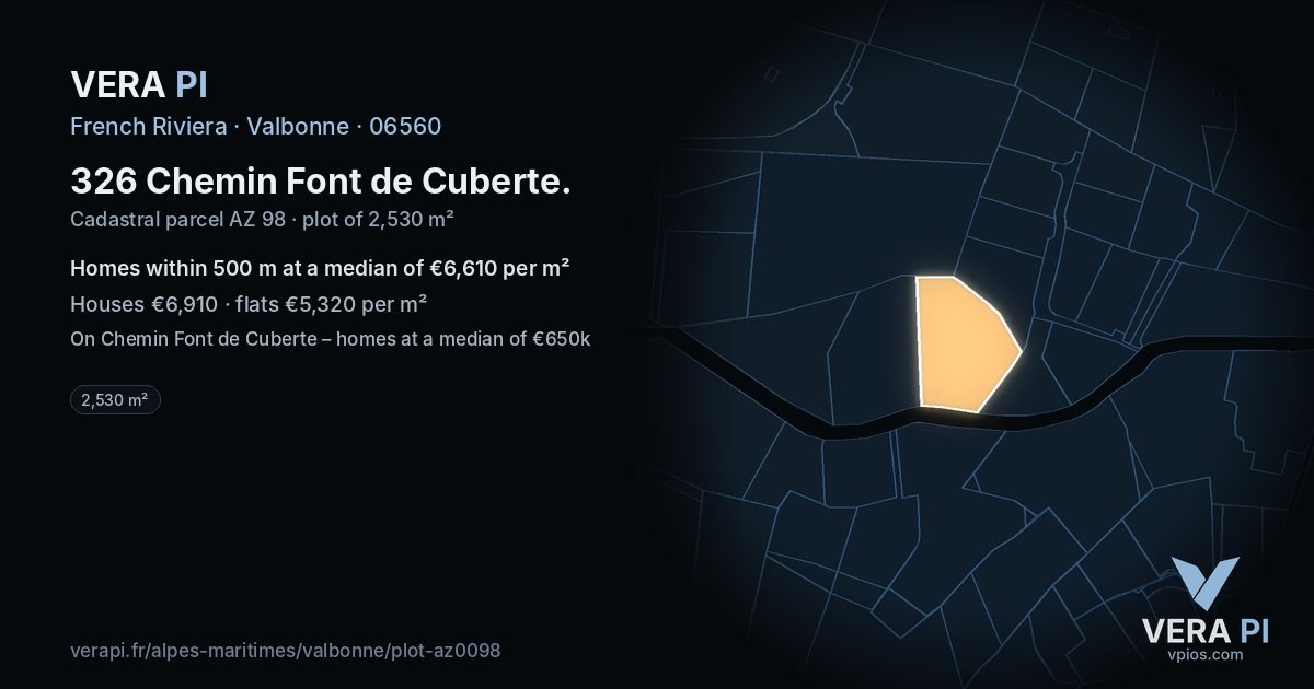 326 Chemin Font de Cuberte, Valbonne at night – the plot lit, the parcels around coloured by the prices near them