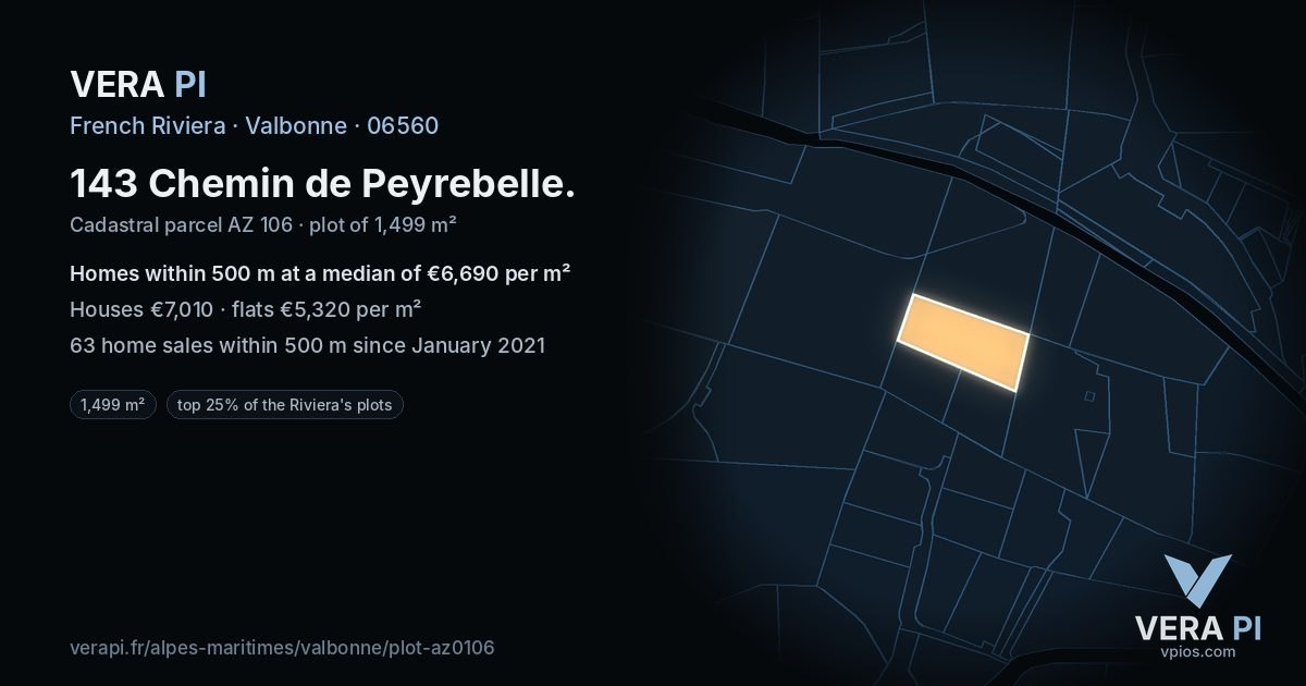 143 Chemin de Peyrebelle, Valbonne at night – the plot lit, the parcels around coloured by the prices near them
