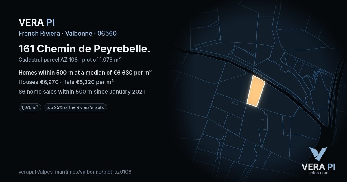 161 Chemin de Peyrebelle, Valbonne at night – the plot lit, the parcels around coloured by the prices near them