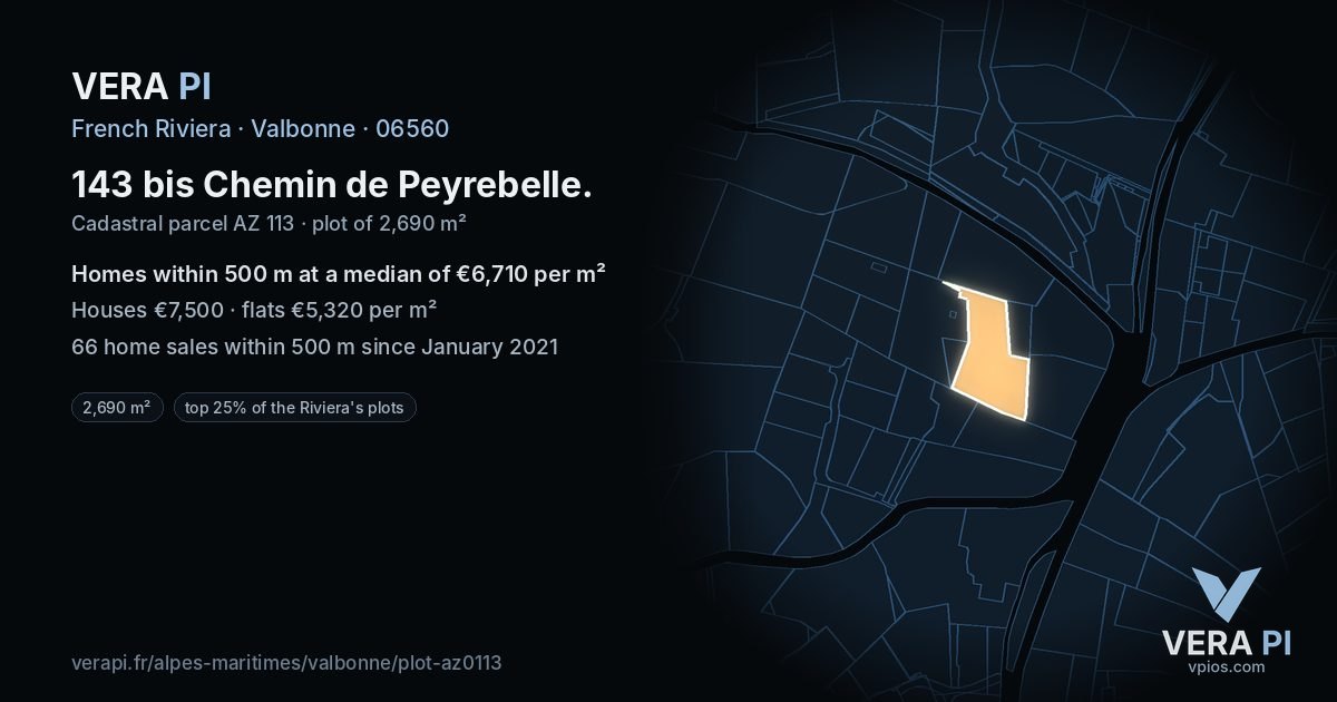 143 bis Chemin de Peyrebelle, Valbonne at night – the plot lit, the parcels around coloured by the prices near them