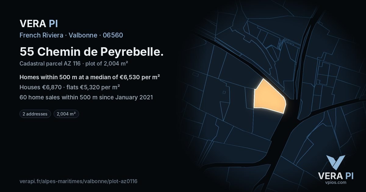 55 Chemin de Peyrebelle, Valbonne at night – the plot lit, the parcels around coloured by the prices near them